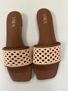Valia Daniella Women’s Brown Slide Sandals with Woven Beige Strap Size 10 NWB